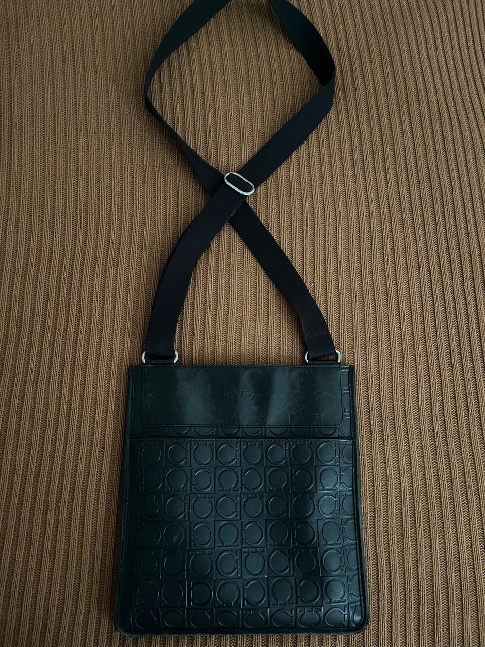 Salvatore Ferragamo Vintage Black Embossed Crossbody Shoulder Bag
